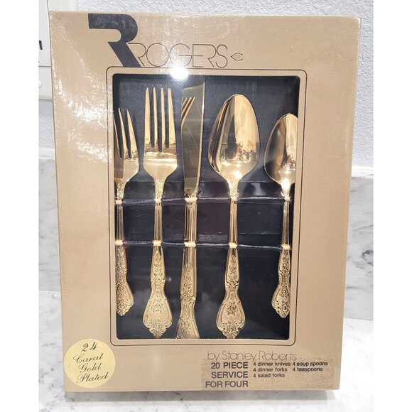 Vintage Rogers 20-Piece for Four 24K Gold Plated Flatware Set by Stanley Roberts - Picture 1 of 4